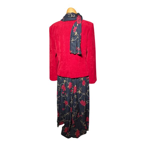 Vtg 1990s Positive Attitude Red Chenille Blazer Rose Floral Maxi Skirt Set Sz 12 - Picture 3 of 6